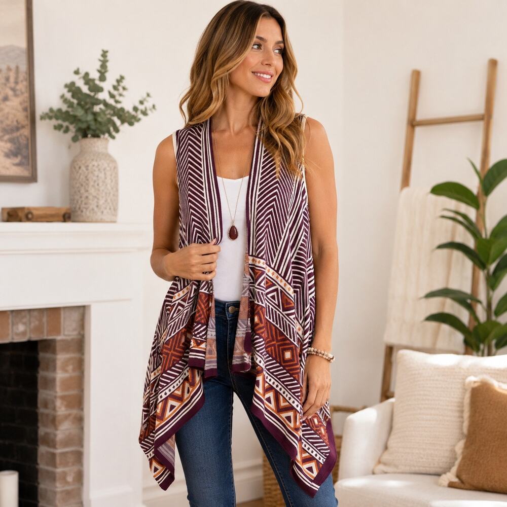 Umgee Vest Womens M L Purple Ivory Geometric Open Front Drape Cardigan